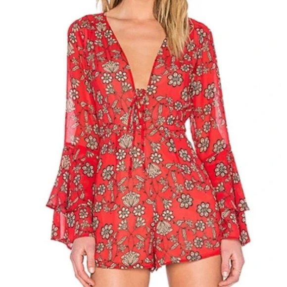 For Love And Lemons Pants - FOR LOVE & LEMONS Floral Print Plunge Neckline Romper